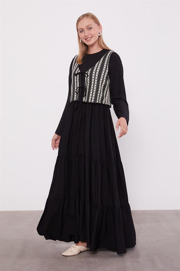 Siyah Bağcık Detay Yelekli Elbise