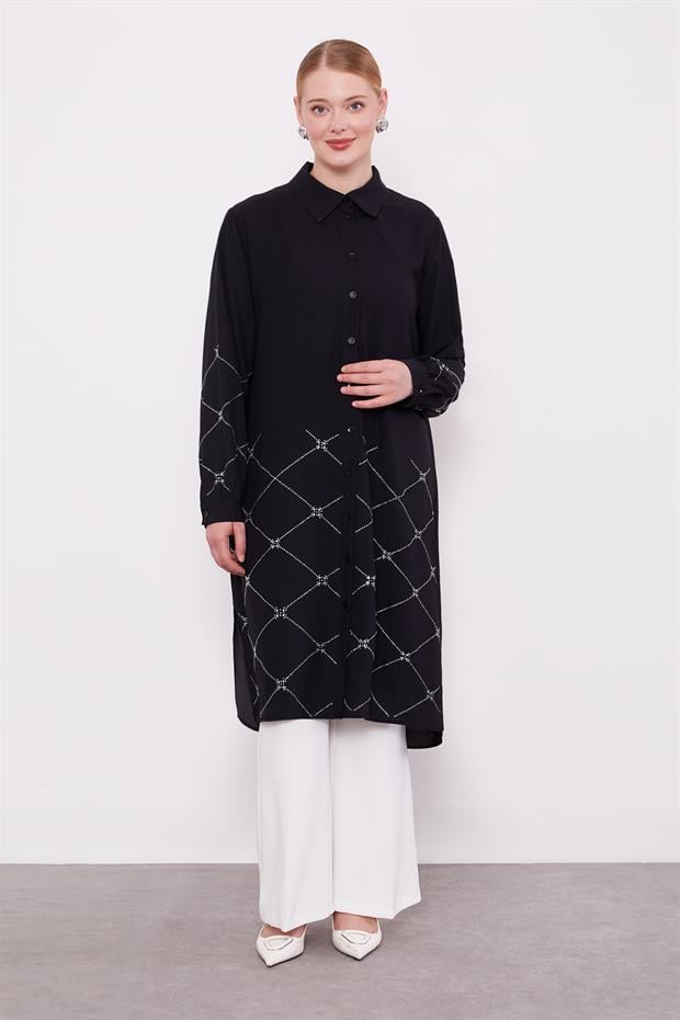 Siyah Baklava Desen Taş Baskılı Tunik