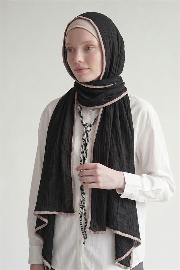 Siyah - Bej Basıc Müslin Şal