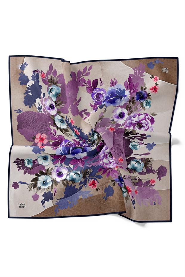 Siyah - Bej Çiçek Desen Twill İpek Eşarp