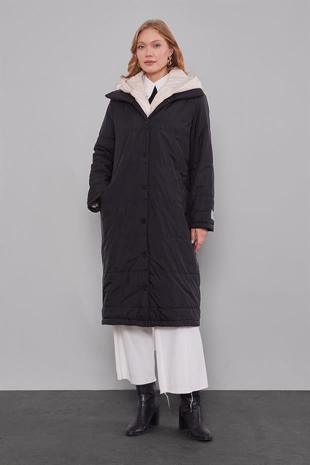 Siyah-Bej Çift Renk Şişme Mont