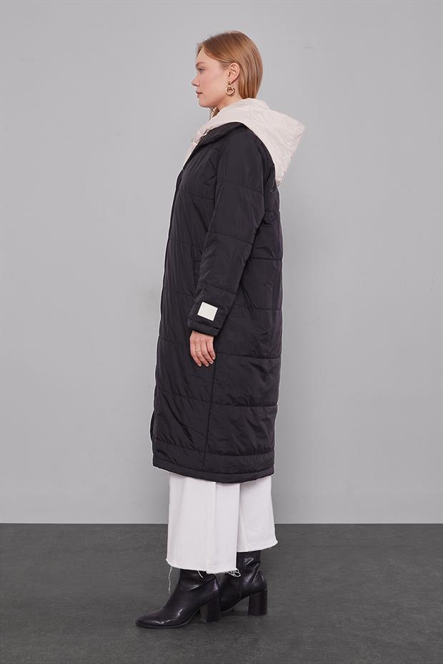 Siyah-Bej Çift Renk Şişme Mont