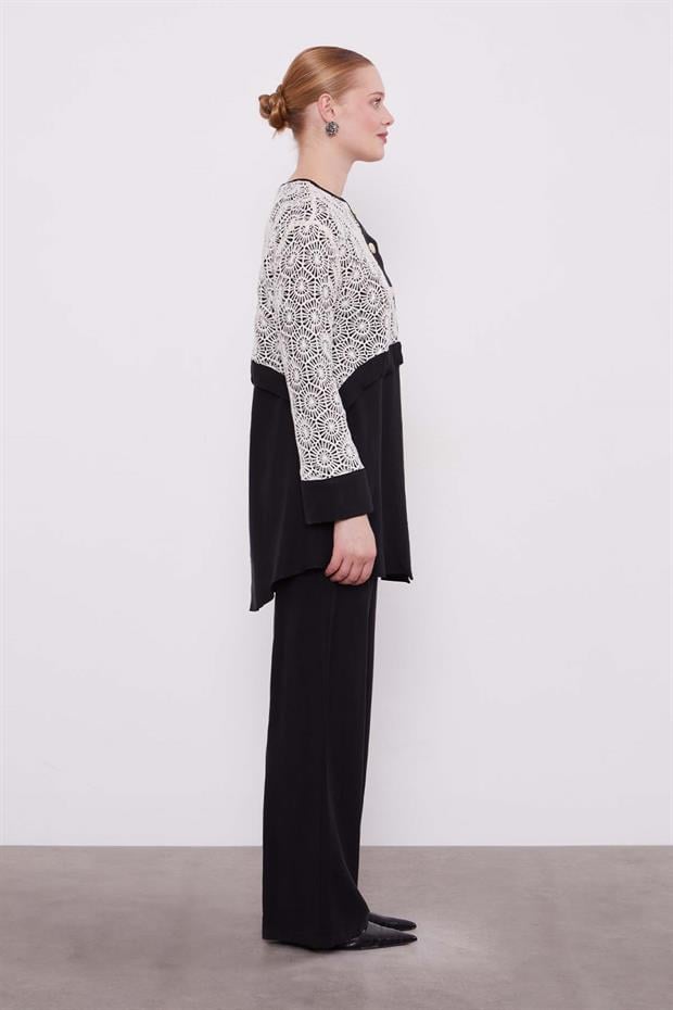 Siyah - Bej Dantel Detaylı Üçlü Tunik Takım