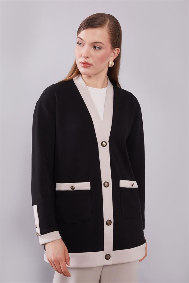 Siyah-Bej Düğme Kapamalı Hırkalı İkili Takım