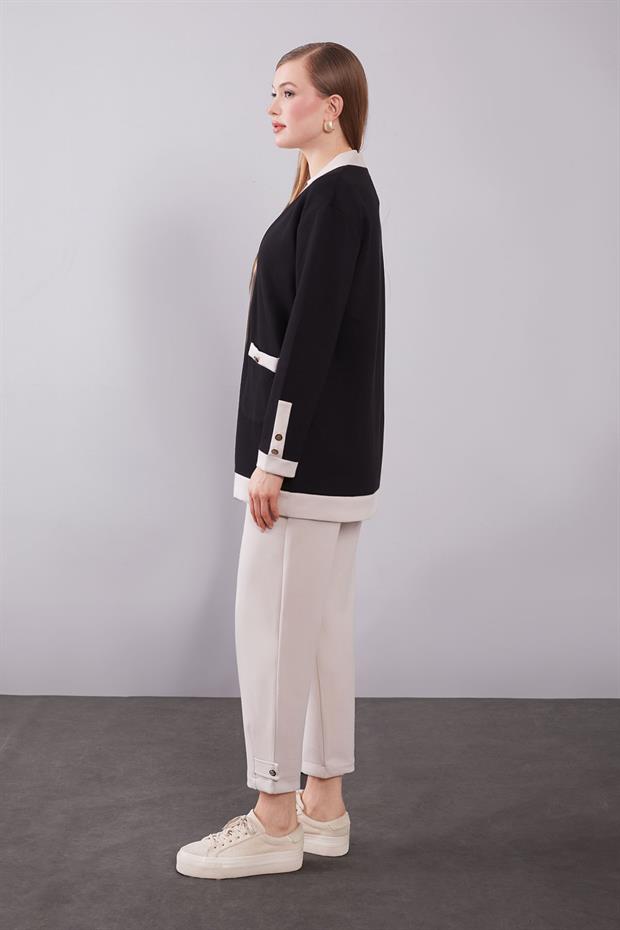 Siyah-Bej Düğme Kapamalı Hırkalı İkili Takım