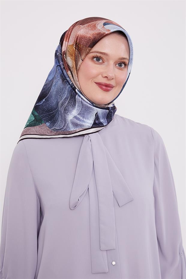 Siyah - Bej Soyut Ebruli Desen Twill İpek Eşarp