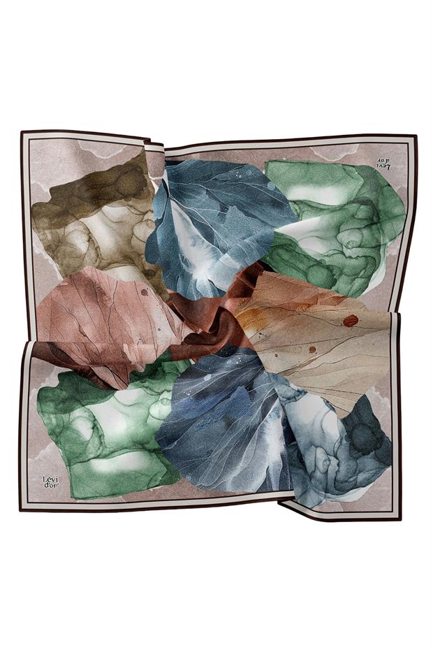 Siyah - Bej Soyut Ebruli Desen Twill İpek Eşarp