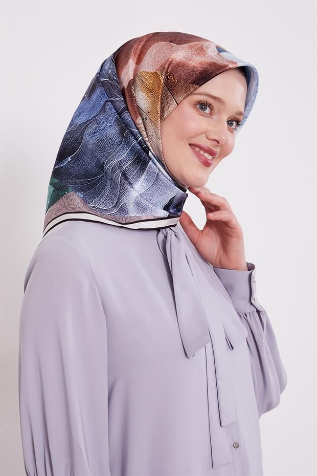 Siyah - Bej Soyut Ebruli Desen Twill İpek Eşarp