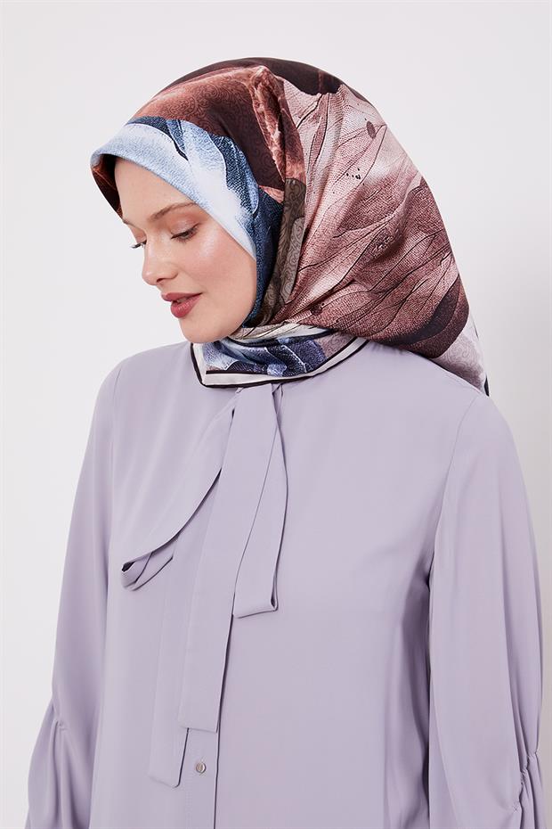 Siyah - Bej Soyut Ebruli Desen Twill İpek Eşarp