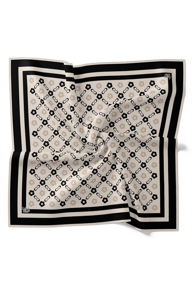 Siyah - Bej Papatya Desen Twill İpek Eşarp