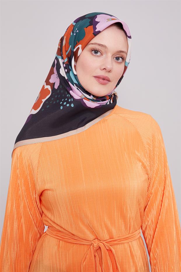 Siyah - Bej Soyut Çiçek Desen Aura Eşarp