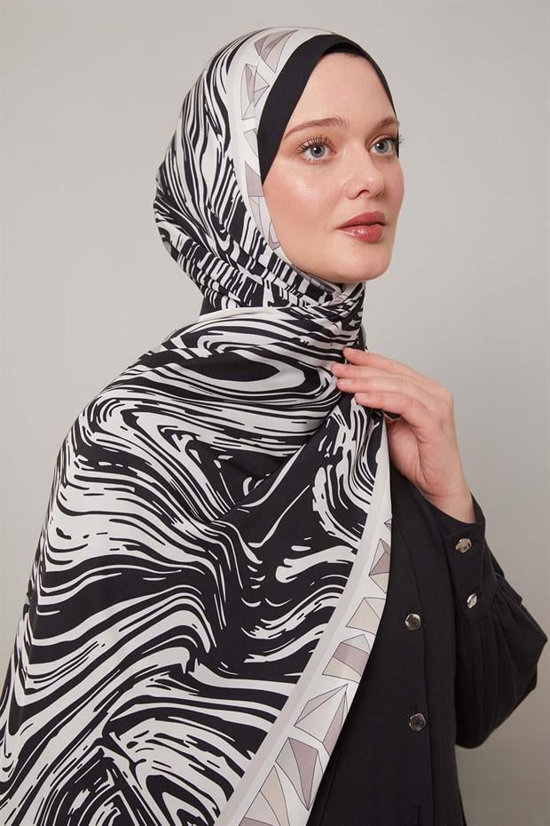 Siyah - Bej Zebra Desen Club Şal