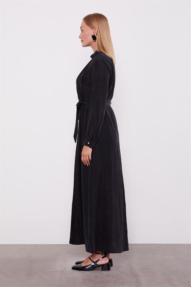 Siyah Bel Bağlamalı Pile Detaylı Cupra Elbise