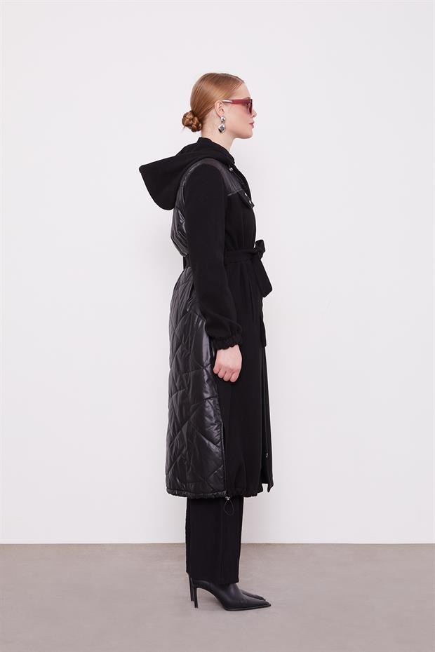 Siyah Belden Bağlamalı Kaipşonlu Kaşe Kaban