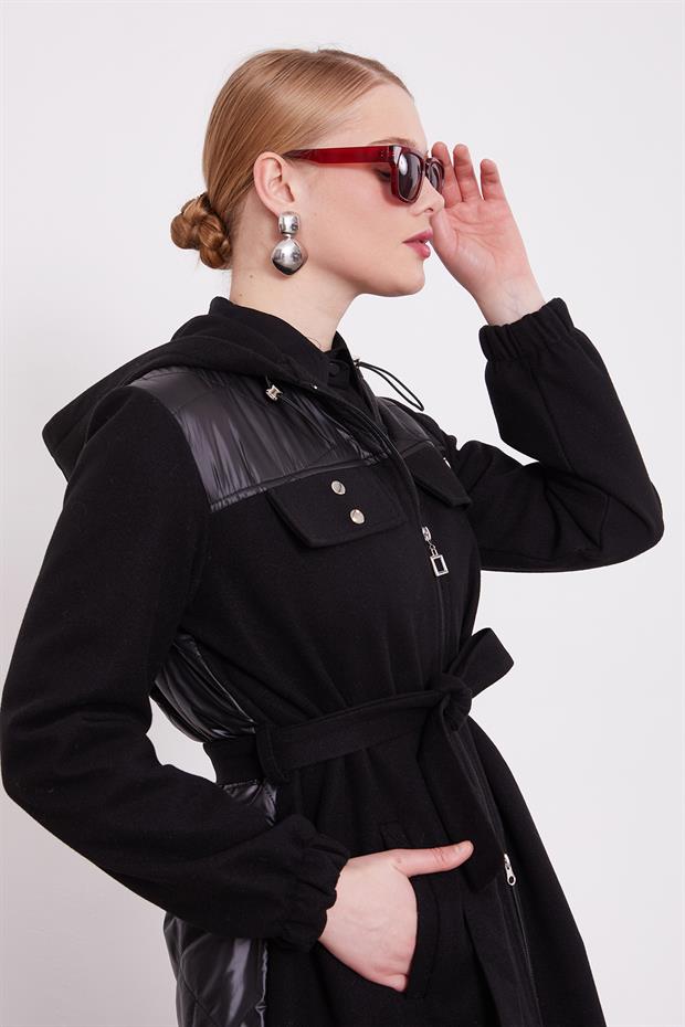 Siyah Belden Bağlamalı Kaipşonlu Kaşe Kaban