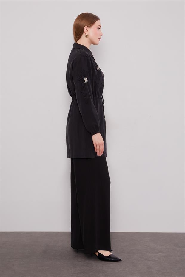 Siyah Beli Büzgülü Fermuar Detaylı Kap