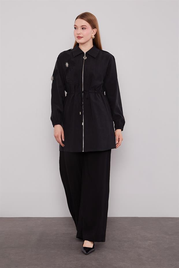 Siyah Beli Büzgülü Fermuar Detaylı Kap