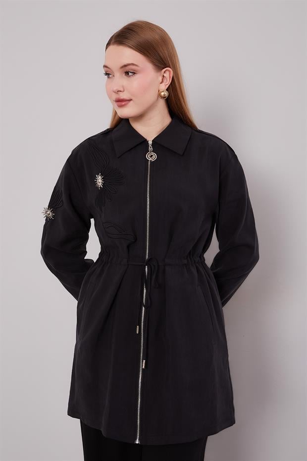 Siyah Beli Büzgülü Fermuar Detaylı Kap