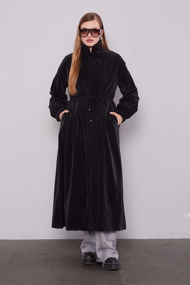 Siyah Bel Lastikli Trençkot