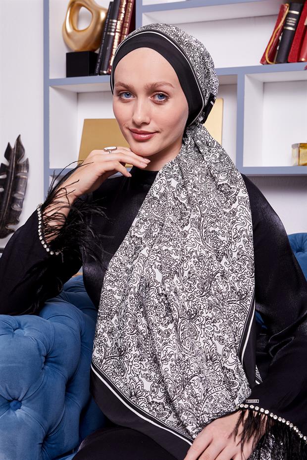 Siyah - Beyaz Çini Desen Royal Şal