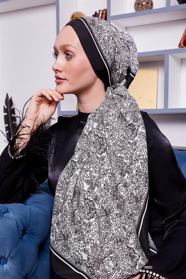 Siyah - Beyaz Çini Desen Royal Şal