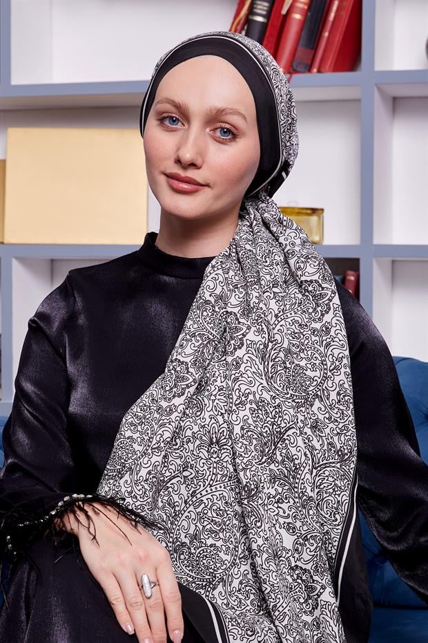 Siyah - Beyaz Çini Desen Royal Şal