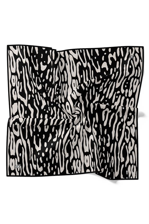 Siyah - Beyaz Leopar Desen Twill İpek Eşarp