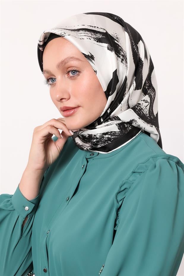 Siyah - Beyaz Fırça İzi Desen Twill İpek Eşarp