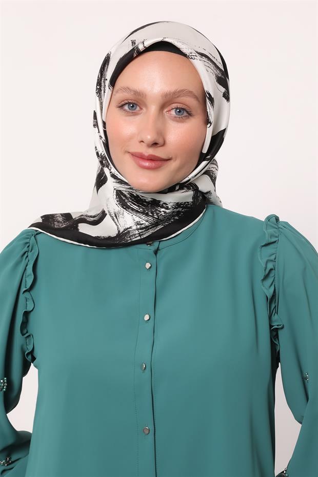 Siyah - Beyaz Fırça İzi Desen Twill İpek Eşarp