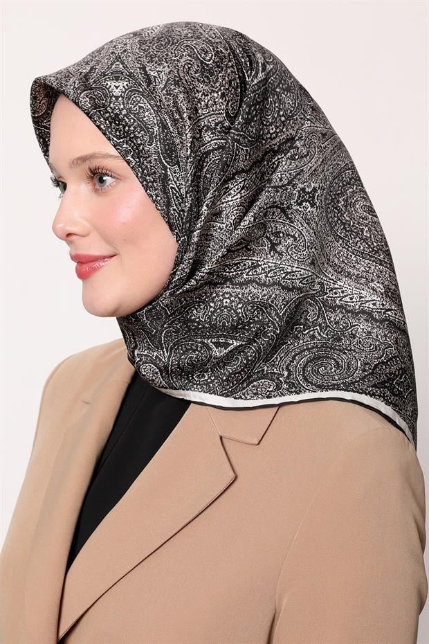 Siyah - Beyaz Soyut Etnik Desen Twill İpek Eşarp