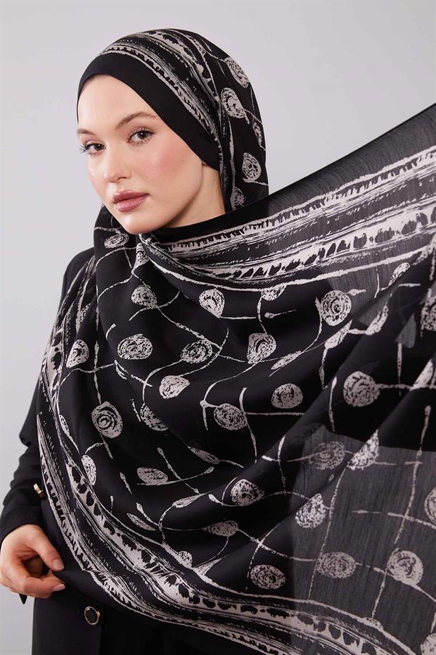 Siyah - Beyaz Yuvarlak Desenli Yün İpek Şal