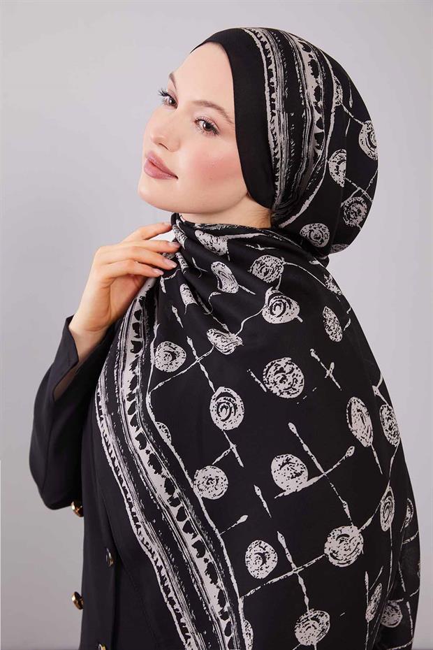 Siyah - Beyaz Yuvarlak Desenli Yün İpek Şal