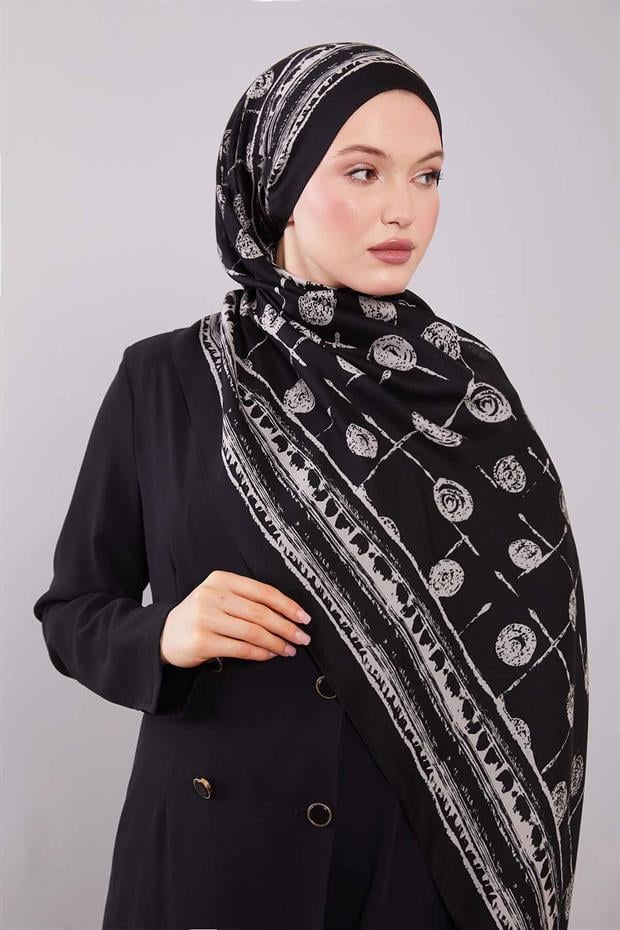 Siyah - Beyaz Yuvarlak Desenli Yün İpek Şal