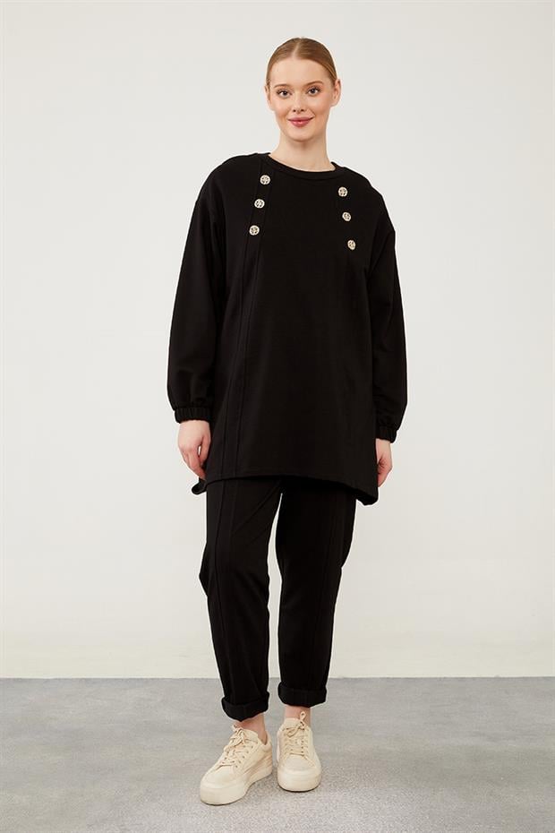 Siyah Bisiklet Yaka Asimetrik Kesim Spor Takım