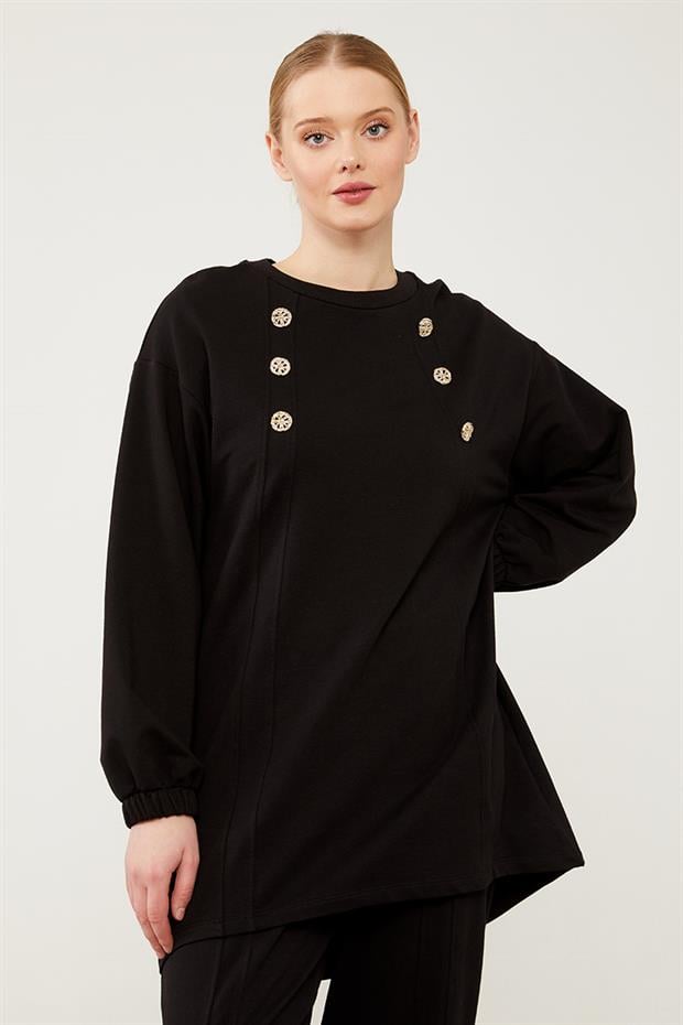 Siyah Bisiklet Yaka Asimetrik Kesim Spor Takım