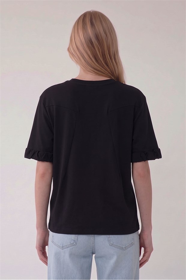Bisiklet Yaka Kol Detaylı T-shirt Siyah