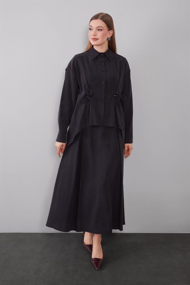 Siyah Boncuk Bağlama Detaylı Etek Takım