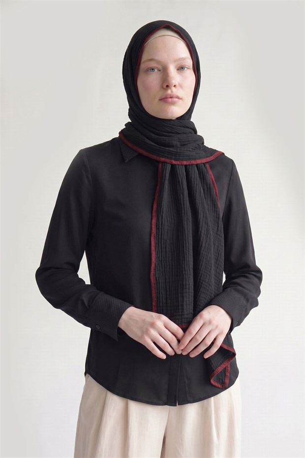 Siyah - Bordo Basıc Müslin Şal