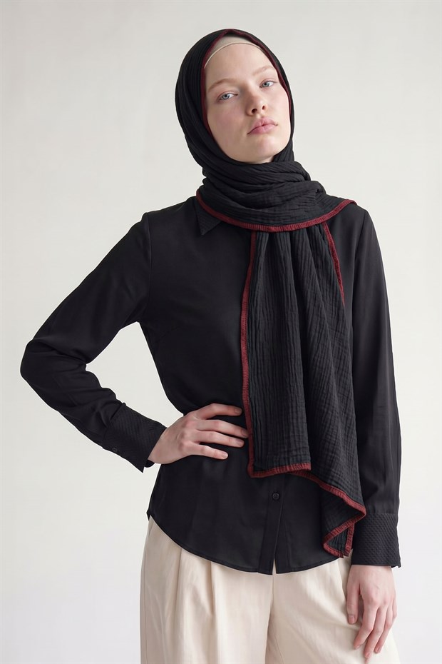 Siyah - Bordo Basıc Müslin Şal