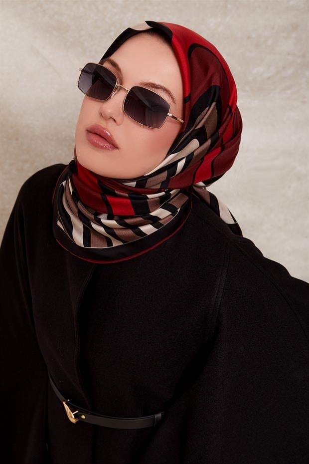 SİYAH-BORDO Kalın Çizgili Twill İpek Eşarp