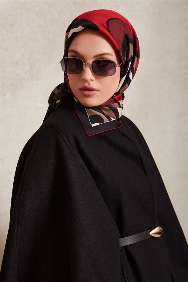 SİYAH-BORDO Kalın Çizgili Twill İpek Eşarp