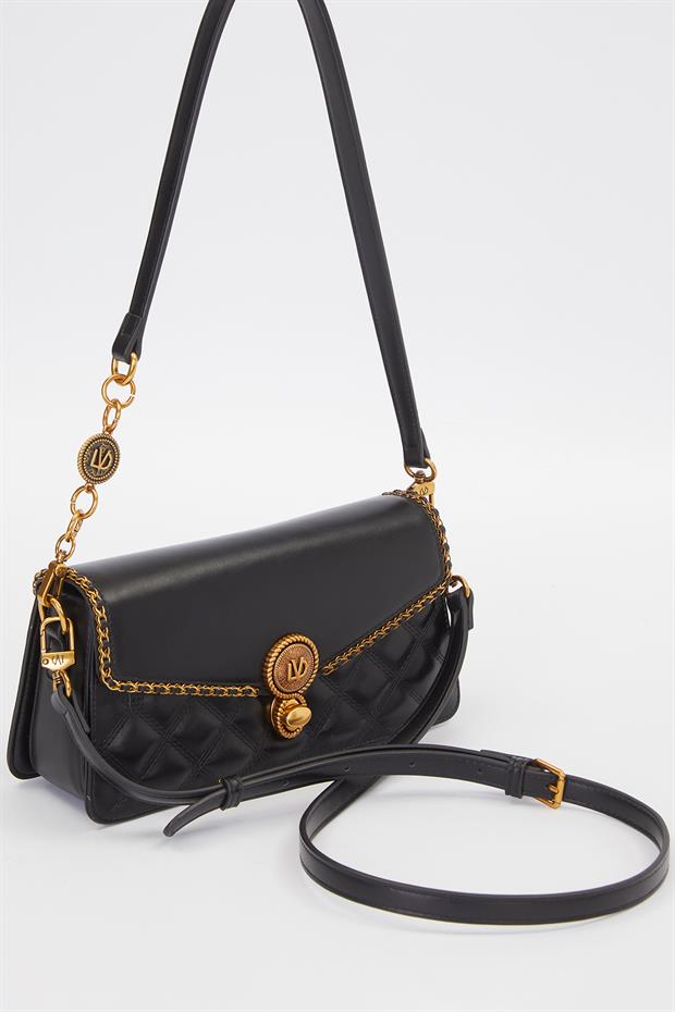 Siyah Burma Kilit Detay Omuz Çantası