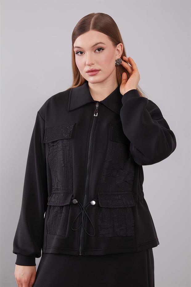 Siyah Büzgü Yama Detaylı Etek Takım