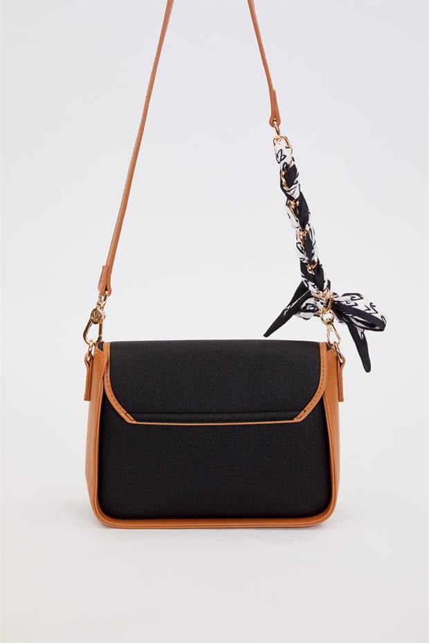 Siyah - Camel Fular Bağlama Detaylı Omuz Çantası