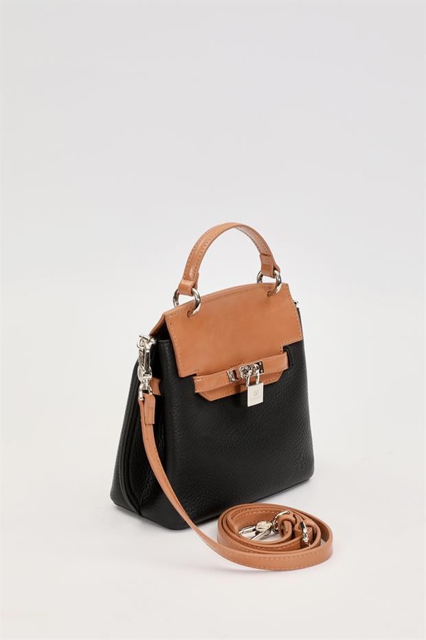 Siyah - Camel İnci Askı Detaylı El Çantası