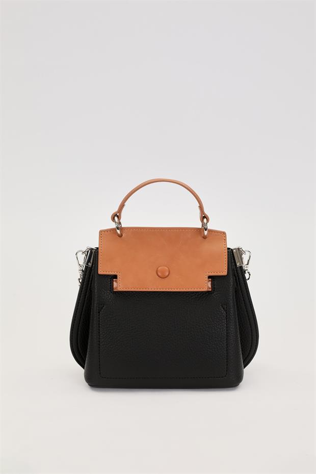 Siyah - Camel İnci Askı Detaylı El Çantası
