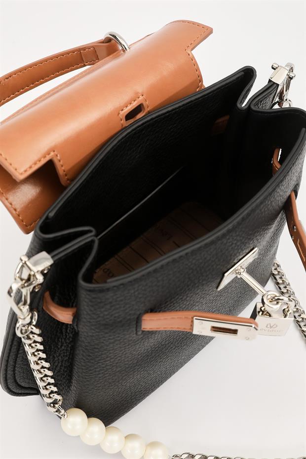 Siyah - Camel İnci Askı Detaylı El Çantası