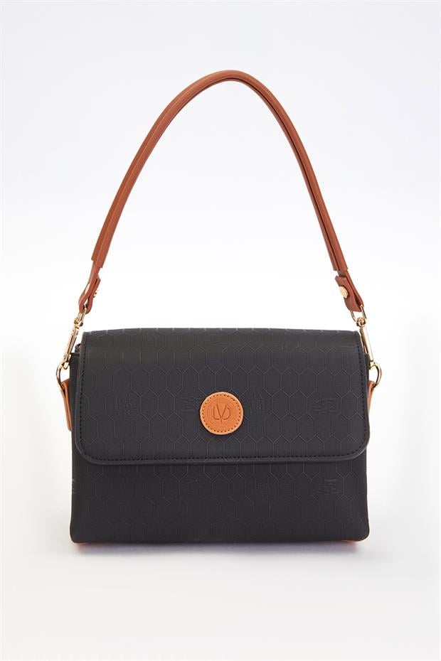 Siyah - Camel Petek Desen Baget El Çantası