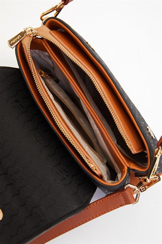 Siyah - Camel Petek Desen Baget El Çantası