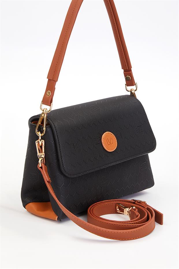 Siyah - Camel Petek Desen Baget El Çantası